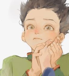 Rule 34 | 1boy, black hair, brown eyes, closed mouth, commentary, fingernails, gon freecss, hand on another&#039;s cheek, hand on another&#039;s face, hands up, highres, holding hands, hunter x hunter, killua zoldyck, light smile, long sleeves, looking at another, male focus, panni xing, portrait, short hair, simple background, sketch, solo focus, spiked hair, tears, white background