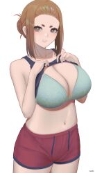 Rule 34 | 1girl, aqua bra, artist name, black tank top, bra, braid, breasts, brown hair, cleavage, clothes lift, collarbone, cowboy shot, eyeliner, hair bun, hands on own chest, highres, kaii to otome to kamigakushi, large breasts, lifted by self, makeup, medium hair, mole, mole under eye, navel, ogawa sumireko, parted lips, red eyeliner, red shorts, ryumikooo, shirt lift, shorts, sidelocks, simple background, smile, solo, stomach, tank top, thick eyebrows, underwear, variant set, white background