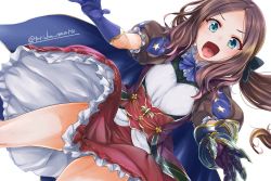 Rule 34 | 1girl, black bow, blue eyes, blue gloves, blush, bow, breasts, brown dress, brown hair, dress, elbow gloves, fate/grand order, fate (series), forehead, gauntlets, gloves, hair bow, leonardo da vinci (fate), leonardo da vinci (fate/grand order), leonardo da vinci (rider) (fate), long hair, looking at viewer, open mouth, parted bangs, ponytail, puff and slash sleeves, puffy short sleeves, puffy sleeves, red skirt, short sleeves, single gauntlet, skirt, small breasts, smile, solo, torichamaru
