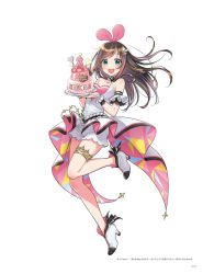 Rule 34 | 1girl, :d, arm strap, birthday cake, blue eyes, blush, boots, breasts, brown hair, cake, character name, choker, cleavage, collarbone, floating hair, food, full body, hair ornament, hairband, high heel boots, high heels, highres, holding, holding plate, kizuna ai, kizuna ai (anniversary), kizuna ai inc., leg up, long hair, looking at viewer, medium breasts, morikura en, multicolored hair, open mouth, pink hairband, plate, short shorts, shorts, simple background, sleeveless, smile, solo, strapless, streaked hair, thighlet, very long hair, virtual youtuber, white background, white footwear, white shorts