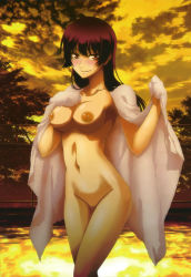 Rule 34 | 1girl, black hair, breasts, cleavage, evening, highres, hime cut, kanoe yuuko, large breasts, long hair, navel, nipples, nude, nude filter, pussy, red eyes, solo, tasogare otome x amnesia, third-party edit, towel, uncensored, ushijima nozomi