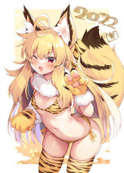 Rule 34 | 1girl, 2022, ahoge, animal ear fluff, animal ears, animal hands, animal print, bikini, blush, breasts, chinese zodiac, commentary request, cowboy shot, fox ears, fox girl, fox tail, fur collar, gloves, highres, long hair, looking at viewer, navel, one eye closed, open mouth, original, paw gloves, print bikini, print thighhighs, red eyes, roshin, side-tie bikini bottom, small breasts, solo, standing, stomach, swimsuit, tail, thighhighs, tiger print, very long hair, year of the tiger