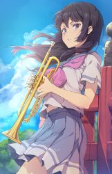 Rule 34 | 1girl, 3s, black hair, blue skirt, day, fence, hibike! euphonium, highres, holding, holding instrument, instrument, kitauji high school uniform, kousaka reina, leaning back, looking at viewer, neckerchief, outdoors, parted lips, pink neckerchief, purple eyes, school uniform, serafuku, shirt, skirt, sky, solo, trumpet, white shirt, wind, wooden fence
