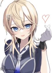 Rule 34 | 1girl, ahoge, artist name, blonde hair, blue eyes, blue neckerchief, blue shirt, breasts, finger heart, gloves, gradient neckerchief, hair between eyes, hair ornament, hairclip, highres, kantai collection, looking at viewer, medium breasts, medium hair, military, military uniform, neckerchief, one-hour drawing challenge, shirt, simple background, smile, solo, tuscaloosa (kancolle), twitter username, uniform, white background, white gloves, yoshino (mfmfpng)