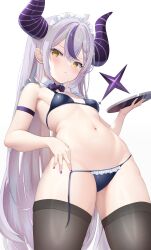 Rule 34 | 1girl, absurdres, alternate costume, bare shoulders, bikini, black bikini, black thighhighs, blush, braid, braided bangs, breasts, closed mouth, commentary request, demon girl, demon horns, demon tail, from below, highres, holding, holding tray, hololive, horns, la+ darknesss, looking at viewer, maid, maid bikini, maid headdress, multicolored hair, navel, nekonosuke, paid reward available, purple armband, purple hair, purple horns, simple background, small breasts, solo, stomach, streaked hair, striped horns, swimsuit, tail, thighhighs, tray, unconventional maid, untied bikini bottom, virtual youtuber, white background, white headdress, yellow eyes