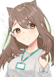 Rule 34 | 1girl, abe suke, absurdres, animal ear fluff, animal ears, blush, bow, breasts, brown eyes, brown hair, clothing cutout, copyright request, earrings, grey bow, grey shirt, hair between eyes, highres, jewelry, lanyard, long hair, looking at viewer, medium breasts, mole, mole under eye, open mouth, shirt, shoulder cutout, solo, sweat, thick eyebrows, translation request, virtual youtuber