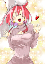 Rule 34 | 1girl, ^ ^, bad id, bad pixiv id, breasts, cleavage cutout, closed eyes, clothing cutout, elphelt valentine, closed eyes, guilty gear, guilty gear xrd, hat, heart, large breasts, mashiro kanna, meme attire, open-chest sweater, open mouth, pink hair, ribbed sweater, short hair, solo, sweater, turtleneck