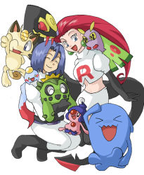 Rule 34 | 1boy, 1girl, blue hair, cacnea, chimecho, creatures (company), dustox, closed eyes, game freak, gen 1 pokemon, gen 2 pokemon, gen 3 pokemon, gen 4 pokemon, hammer (sunset beach), happy, james (pokemon), jessie (pokemon), meowth, mime jr., nintendo, pokemon, pokemon (anime), pokemon (creature), red hair, seviper, smile, team rocket, team rocket grunt, wobbuffet
