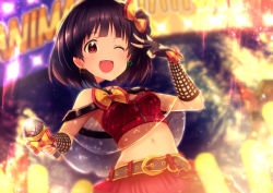 Rule 34 | 10s, 1girl, ;d, bad id, bad pixiv id, bare shoulders, belt, bow, choker, earrings, hair bow, holding, holding microphone, idolmaster, idolmaster million live!, ima (lm ew), jewelry, looking at viewer, microphone, midriff, nakatani iku, navel, one eye closed, open mouth, short hair, smile, solo, sparkle, star (symbol), star earrings