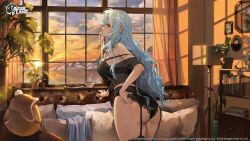 Rule 34 | 1girl, adjusting clothes, adjusting panties, ass, azur lane, black bra, black panties, black shirt, black thighhighs, blush, bookshelf, bra, breasts, commentary, cookie, couch, cowboy shot, crop top, cup, curtains, ear piercing, english commentary, food, from behind, fur pillow, garter belt, garter straps, grey hair, highres, indoors, lace, lace-trimmed panties, lace trim, lamp, large breasts, lens flare, logo, long hair, looking at viewer, looking back, manjuu (azur lane), official alternate costume, official art, panties, parted lips, picture frame, piercing, pillow, plant, plate, potted plant, red eyes, rhtkd, second-party source, see-through, shirt, solo, standing, strap slip, sunset, tallinn (azur lane), tallinn (nostalgic pilsner) (azur lane), teacup, thighhighs, underwear, watermark, window