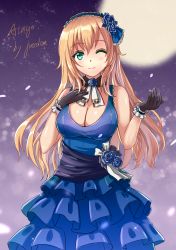 Rule 34 | 1girl, absurdres, alternate costume, atago (kancolle), bare shoulders, black gloves, blonde hair, blue dress, blue flower, breasts, dress, flower, gloves, green eyes, hairband, highres, kantai collection, large breasts, long hair, looking at viewer, one eye closed, saber-freedom, sleeveless, sleeveless dress, smile, solo, standing