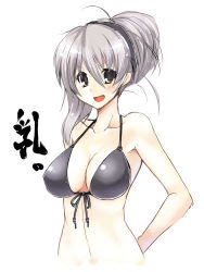 Rule 34 | 1girl, ahoge, bad id, bad pixiv id, bikini, bow, breasts, brown eyes, cleavage, fang, front-tie top, hair up, headband, highres, large breasts, long hair, open mouth, original, paopao, ponytail, silver hair, solo, swimsuit