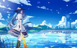 Rule 34 | 1girl, absurdres, black footwear, black hat, blue hair, boots, building, cherry blossoms, closed mouth, cloud, dress, er yi zhi, fire, floating hair, frilled dress, frills, from side, grass, hat, highres, hinanawi tenshi, holding, holding sword, holding weapon, long hair, outdoors, pagoda, peach hat ornament, pink eyes, puffy short sleeves, puffy sleeves, reflection, short sleeves, sky, skyline, skyscraper, solo, sword, sword of hisou, touhou, very long hair, water, weapon, white dress