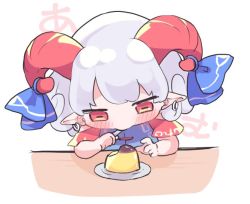 Rule 34 | 1girl, blush, bow, chibi, earrings, eating, food, grey hair, horizontal pupils, horns, jewelry, long hair, looking down, plate, pointy ears, pudding, red eyes, rishita, simple background, solo, table, touhou, toutetsu yuuma, upper body, white background, white hair