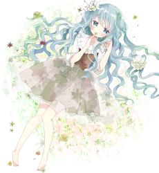 Rule 34 | 1girl, bad id, bad pixiv id, barefoot, blue eyes, blue hair, blush, bow, brown bow, brown footwear, commentary, covered mouth, floral print, flower, green flower, hair flower, hair ornament, hand up, highres, long hair, looking at viewer, lying, on back, original, pleated skirt, see-through, shirt, short sleeves, skirt, solo, symbol-only commentary, tsukiyo (skymint), very long hair, white flower, white shirt