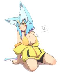 Rule 34 | 1girl, animal ear fluff, animal ears, barefoot, bikini, blue hair, blush, breasts, cleavage, closed mouth, collarbone, commentary request, full body, hair between eyes, hair ornament, hairclip, heart, highres, hood, hood down, hooded jacket, idaten93, jacket, large breasts, multicolored hair, off shoulder, open clothes, open jacket, orange hair, original, purple hair, rirute-chan, simple background, smile, solo, streaked hair, swimsuit, translation request, two-tone hair, white background, yellow bikini, yellow eyes, yellow jacket