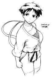 Rule 34 | 1girl, breasts, choker, cleavage, clenched hand, collarbone, dated, dougi, greyscale, looking to the side, makoto (street fighter), medium breasts, monochrome, ribbon choker, short hair, signature, solo, sports bra, street fighter, street fighter iii (series), tomboy, tsukudani (coke-buta), very short hair