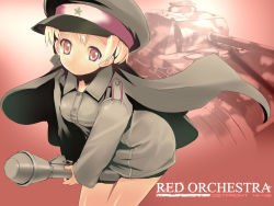 Rule 34 | 1girl, blonde hair, cape, game, gun, hat, high-explosive anti-tank (warhead), highres, man-portable anti-tank systems, marzy dog, military, military uniform, military vehicle, motor vehicle, orchestra, panther (tank), panzerfaust, peaked cap, recoilless gun, red orchestra, red orchestra: ostfront 41-45, red theme, short hair, solo, soviet, tank, uniform, vehicle, weapon, world war ii