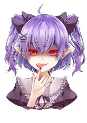 Rule 34 | 1girl, ahoge, black nails, blood, blood on face, commission, cross, cross necklace, dress, female focus, frills, glowing, glowing eyes, hair ornament, hairclip, highres, jewelry, licking, looking at viewer, nail polish, necklace, original, pointy ears, purple hair, red eyes, ribbon, rika roseingrave, sagakuroi, simple background, solo, upper body