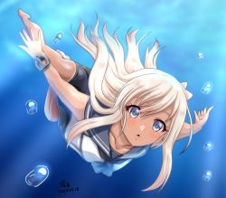 Rule 34 | 1girl, air bubble, ass, black neckwear, black sailor collar, blonde hair, blue eyes, bubble, commentary request, crop top, dated, flower, freediving, full body, hair flower, hair ornament, kantai collection, long hair, one-hour drawing challenge, one-piece swimsuit, one-piece tan, ro-500 (kancolle), sailor collar, sailor shirt, school swimsuit, shirt, signature, solo, swimsuit, tan, tanline, tk8d32, underwater