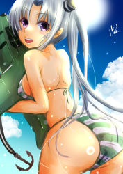 Rule 34 | 1girl, ahoge, aircraft, airplane, akitsushima (kancolle), ass, bikini, blue sky, cloud, commentary request, cowboy shot, flying boat, from behind, grey hair, h8k, hat, highres, inflatable toy, kantai collection, long hair, looking at viewer, mini hat, mizuya chiharu, one-hour drawing challenge, purple eyes, purple hair, side ponytail, sky, solo, striped bikini, striped clothes, swimsuit