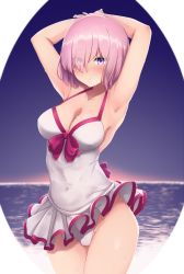 Rule 34 | 1girl, armpits, arms behind head, arms up, bare shoulders, blush, breasts, cleavage, collarbone, covered navel, dress swimsuit, fate/grand order, fate (series), hair over one eye, highres, large breasts, light purple hair, looking at viewer, mash kyrielight, mash kyrielight (swimsuit of perpetual summer), mku, night, night sky, ocean, official alternate costume, one-piece swimsuit, purple eyes, short hair, sky, solo, swimsuit, thighs, twilight, white one-piece swimsuit