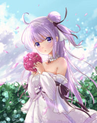 Rule 34 | 1girl, ahoge, azur lane, bare shoulders, blurry, bouquet, choker, collarbone, commentary request, dappled sunlight, depth of field, detached sleeves, dress, eyes visible through hair, flower, hair ribbon, head tilt, holding, holding bouquet, long hair, looking at viewer, m ko (maxft2), off-shoulder dress, off shoulder, parted lips, petals, ribbon, sidelocks, solo, strapless, strapless dress, sunlight, unicorn (a dream of pure vows) (azur lane), unicorn (azur lane), wedding dress, white dress, wind