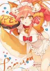 Rule 34 | 1girl, absurdres, animal ear fluff, animal ears, animal hands, apron, bare shoulders, bell, blush, bow, breasts, bridal garter, cat hair ornament, cat paws, closed mouth, collar, fate/extra, fate/grand order, fate (series), food, fox ears, fox girl, fox tail, gloves, hair between eyes, hair bow, hair ornament, highres, jingle bell, large breasts, leaning forward, licking lips, long hair, looking at viewer, naked apron, neck bell, omelet, omurice, paw gloves, pink hair, plate, ponytail, red bow, rizu033, sidelocks, smile, tail, tamamo (fate), tamamo cat (fate), tamamo cat (third ascension) (fate), thighs, tongue, tongue out, yellow eyes