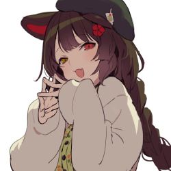 Rule 34 | 1girl, animal ears, beret, black hair, black hat, blush, braid, dog ears, dog girl, dog hair ornament, fang, fingers together, floral print, flower, hair flower, hair ornament, hat, heterochromia, inui toko, kawaguchi (mojacome), long braid, long sleeves, looking at viewer, nijisanji, open mouth, red eyes, simple background, skin fang, smile, solo, upper body, virtual youtuber, white background, yellow eyes