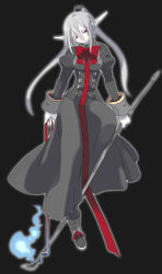 Rule 34 | 1girl, androgynous, black background, bow, bowtie, coat, fantasy, fire, kurose, kuze (ira), long hair, looking at viewer, original, pale skin, pointy ears, red bow, red bowtie, red eyes, silver hair, simple background, solo, standing, twintails