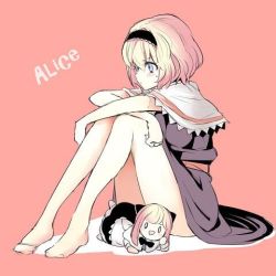 Rule 34 | 1girl, alice margatroid, apron, barefoot, black dress, blonde hair, blue dress, blue eyes, blush, bow, capelet, character name, covering privates, doll, dress, hairband, kozou (soumuden), lolita hairband, long sleeves, lowres, lying, no shoes, on stomach, pink background, shanghai doll, shirt, short hair, simple background, sitting, solo, sweatdrop, touhou, white shirt