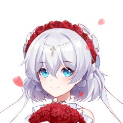 Rule 34 | 1girl, bare shoulders, blue eyes, bouquet, closed mouth, dress, flower, hair flower, hair ornament, holding, holding bouquet, honkai (series), honkai impact 3rd, looking at viewer, nizi w, red flower, red rose, rose, simple background, sleeveless, sleeveless dress, smile, solo, theresa apocalypse, theresa apocalypse (luna kindred), wedding dress, white background, white dress, white hair