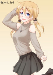 Rule 34 | 10s, 1girl, :d, anchor, anti (untea9), arm up, artist name, bare shoulders, black footwear, black skirt, blonde hair, blue eyes, boots, clothing cutout, cross, cross-laced footwear, hand in own hair, highres, iron cross, jewelry, kantai collection, knee boots, long hair, looking at viewer, low twintails, necklace, open mouth, pendant, pleated skirt, prinz eugen (kancolle), shoelaces, shoulder cutout, simple background, skirt, smile, solo, sweater, twintails, yellow background