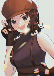 Rule 34 | 1girl, absurdres, bad id, bad pixiv id, black eyes, black gloves, black shirt, blush, brown hair, brown hat, chromatic aberration, fingerless gloves, gloves, grey background, hand on own hip, hand up, hat, highres, huge filesize, luo xiaohei zhanji, medium hair, open mouth, sansan (the legend of luoxiaohei), shirt, simple background, sleeveless, sleeveless shirt, smile, solo, upper body, yugguun lil