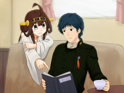 Rule 34 | 10s, 1boy, 1girl, :d, ahoge, blue hair, book, brown hair, chair, closed mouth, couch, cup, curtains, detached sleeves, ginga eiyuu densetsu, holding, holding book, holding cup, kantai collection, kongou (kancolle), long sleeves, m1903, military, military uniform, nontraditional miko, on couch, open book, open mouth, pin, pointing, sitting, smile, tea, teacup, uniform, wide sleeves, yang wen-li