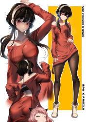 Rule 34 | 2girls, absurdres, ahoge, animahakim, anya&#039;s heh face (meme), anya (spy x family), arm up, ass, back cutout, bare shoulders, black hair, brown legwear, character name, child, closed mouth, clothing cutout, collarbone, commentary, copyright name, dress, english commentary, green eyes, hairband, highres, horn ornament, horns, long hair, meme, mother and daughter, multiple girls, multiple views, off-shoulder dress, off shoulder, pantyhose, pink hair, red eyes, red sweater, sidelocks, smile, smug, spy x family, sweater, sweater dress, white hairband, yor briar