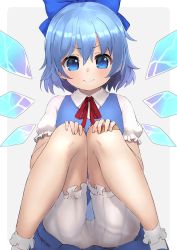 Rule 34 | 1girl, absurdres, bandaid, bandaid on knee, bandaid on leg, bloomers, blue bow, blue dress, blue eyes, blue hair, bobby socks, bow, cirno, deku suke, dress, grey background, hair between eyes, hair bow, hands on own knees, highres, ice, ice wings, looking at viewer, neck ribbon, puffy short sleeves, puffy sleeves, red ribbon, ribbon, short hair, short sleeves, simple background, sitting, smile, socks, solo, thigh gap, touhou, underwear, white bloomers, white socks, wings
