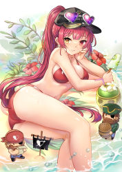 Rule 34 | 1girl, ass, baseball cap, bikini, black hat, breasts, closed mouth, commentary, drinking straw, earrings, eyewear on headwear, feet out of frame, flower, food, hat, head rest, highres, holding, holding food, hololive, houshou marine, houshou marine (summer), jewelry, long hair, looking at viewer, lying, medium breasts, on side, open mouth, ponytail, popsicle, red bikini, red eyes, red flower, red hair, skull cup, smile, solo, swimsuit, very long hair, virtual youtuber, water, yellow eyes, yougenko