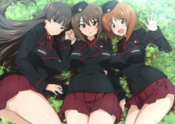 Rule 34 | 3girls, :d, black hair, black jacket, blush, breasts, brown hair, commentary, cross, frown, garrison cap, girls und panzer, grass, hair between eyes, hat, heart, jacket, kuromorimine military uniform, large breasts, long hair, looking at viewer, lying, medium breasts, medium hair, mother and daughter, multiple girls, nakahira guy, nishizumi maho, nishizumi miho, nishizumi shiho, on back, on side, open mouth, orange hair, outdoors, red skirt, siblings, sisters, skirt, smile, textless version, unworn hat, unworn headwear