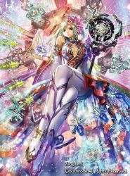 Rule 34 | 1girl, blue eyes, boots, bow, cardfight!! vanguard, center opening, company name, flower, green hair, hair flower, hair ornament, long hair, magic circle, momose hisashi, official art, regalia of wisdom angelica, sitting, solo, staff, thighhighs