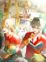 1boy 2boys absurdres alhaitham_(genshin_impact) aqua_eyes blonde_hair book burger closed_eyes cup dress food french_fries genshin_impact gloves grey_hair highres holding holding_book holding_food isobe47 kaveh_(genshin_impact) long_hair lumine_(genshin_impact) mcdonald&#039;s multiple_boys open_mouth red_shirt shirt white_dress yellow_eyes yellow_gloves