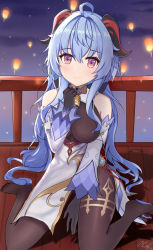 Rule 34 | 1girl, ahoge, bare shoulders, bell, bipup-hola, black gloves, black legwear, blue hair, blush, breasts, chinese knot, detached sleeves, flower knot, ganyu (genshin impact), genshin impact, gloves, gold trim, highres, horns, lantern, long hair, looking at viewer, medium breasts, neck bell, night, no shoes, paper lantern, purple eyes, sidelocks, signature, sitting, smile, solo, thighlet, vision (genshin impact), wariza, white sleeves