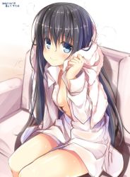 Rule 34 | 10s, 1girl, 2016, black hair, blue eyes, blush, breasts, cleavage, commentary request, couch, dated, dress shirt, eyebrows, long hair, looking at viewer, naked shirt, no bra, no pants, nozomi tsubame, open clothes, open shirt, original, shirt, simple background, sitting, small breasts, smile, solo, towel, white shirt