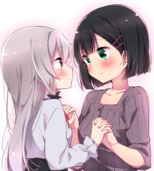 Rule 34 | 2girls, aged up, amano akari, black hair, black skirt, blunt bangs, blunt ends, blush, bob cut, commentary request, eye contact, from side, gradient background, green eyes, grey hair, hair ornament, hair ribbon, hairclip, high-waist skirt, highres, holding hands, interlocked fingers, long hair, long sleeves, looking at another, multicolored background, multiple girls, neck ribbon, pink background, pink eyes, raised eyebrows, ribbed sweater, ribbon, shirt, sk02, skirt, sleeves pushed up, smile, sophie twilight, sweater, tonari no kyuuketsuki-san, tress ribbon, upper body, very long hair, white background, white shirt, yuri