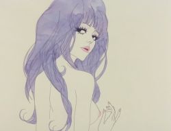 Rule 34 | 1970s (style), 1girl, 70s, breasts, gradient hair, jeanne (kanashimi no belladonna), kanashimi no belladonna, long hair, looking at viewer, looking back, multicolored hair, nipples, nude, official art, oldschool, painting (medium), retro artstyle, scan, simple background, solo, studio mushi, traditional media, upper body, very long hair, watercolor (medium), white background