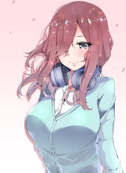 Rule 34 | 1girl, arms behind back, bad id, bad pixiv id, blue cardigan, blue eyes, breasts, brown hair, cardigan, closed mouth, collared shirt, commentary request, dress shirt, falling petals, go-toubun no hanayome, hair between eyes, hair over one eye, headphones, headphones around neck, highres, large breasts, long hair, long sleeves, mish loxalliott, nakano miku, petals, shirt, smile, solo, white shirt