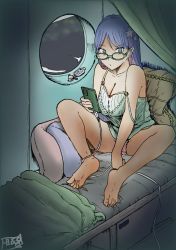 Rule 34 | 1girl, alternate costume, barefoot, bespectacled, blanket, blue eyes, blue hair, breasts, cable, cellphone, cleavage, commentary request, curtains, cushion, glasses, green-framed eyewear, highres, holding, holding phone, kantai collection, large breasts, long hair, multicolored hair, off shoulder, panties, phone, pillow, pink panties, red hair, signature, sitting, smartphone, solo, south dakota (kancolle), star (symbol), tank top, underwear, white hair, window, yi ri wu shi (sui cun)