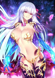 Rule 34 | 1girl, breasts, cleavage, earrings, elbow gloves, fate/grand order, fate (series), floating hair, flower, fringe trim, gloves, glowing, hair ribbon, highres, hip focus, jewelry, kama (fate), kama (third ascension) (fate), large breasts, long hair, looking at viewer, navel, petals, red eyes, revealing clothes, ribbon, shigure s, slit pupils, smile, solo, star (symbol), starry background, thighs, white hair