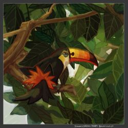 beak bird border creatures_(company) game_freak gen_7_pokemon grey_border highres in_tree nintendo no_humans pokemon pokemon_(creature) pokemon_focus solo talons tororo_oishi_ym toucannon tree twitter_username