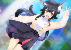 Rule 34 | 1girl, :d, animal ear fluff, animal ears, arm up, beret, black hair, black hat, black skirt, blurry, blurry background, braid, breasts, brown eyes, brown jacket, day, depth of field, dutch angle, ear down, hair between eyes, hat, highres, hololive, jacket, kitasaya ai, long hair, long sleeves, looking at viewer, multicolored hair, ookami mio, ookami mio (street), open mouth, outdoors, puffy long sleeves, puffy sleeves, red hair, shirt, side braid, single braid, skirt, sleeveless, sleeveless shirt, sleeves past wrists, small breasts, smile, solo, streaked hair, tail, very long hair, virtual youtuber, white shirt, wolf ears, wolf girl, wolf tail